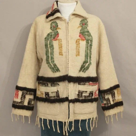 Vintage 70s Wool Jacket Love Birds Hand Crafted South American Woven w Fringe - Picture 3 of 16